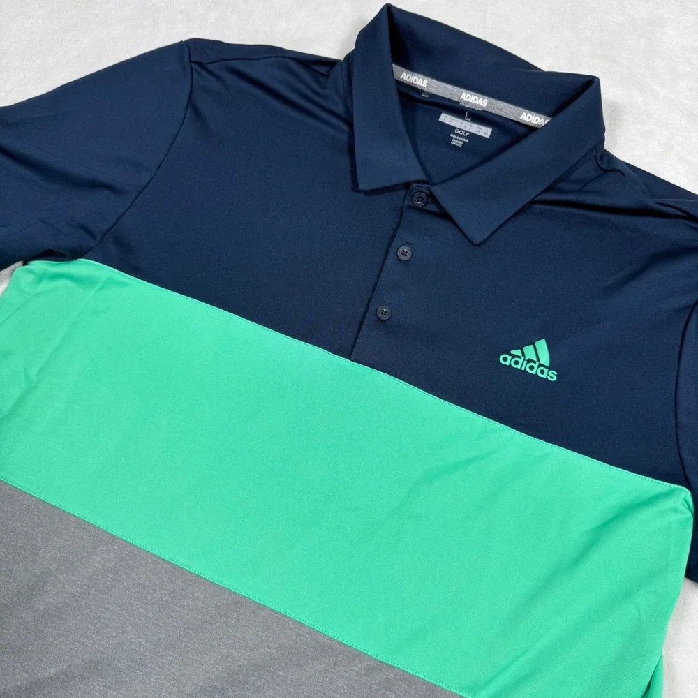 Adidas Golf Mens Large Colorblock Polo Shirt Navy‎ Blue Mint Green Grey D73122